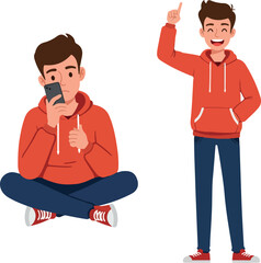 Man Sitting Cross Legged Using Phone Man Standing Finger Up Idea