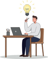 Man Sitting At Desk With Laptop And Lightbulb Idea