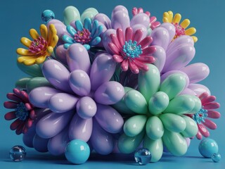 Colorful floral arrangement with pastel hues on a blue background