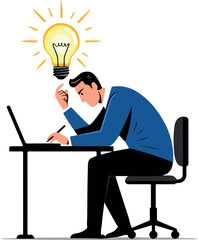 Man Thinking At Desk Light Bulb Idea Flat Design