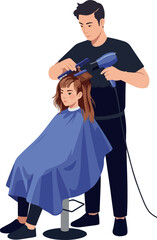 Man Styling Woman Hair With Hairdryer and Comb White Background