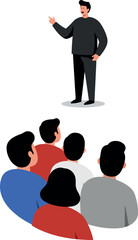 Man Speaking To Crowd In Minimalist Flat Design With Blue Red Gray Outfits