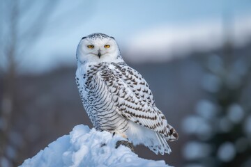 Majestic snowy owl perched on snowy ground majestic white bird of prey in arctic landscape