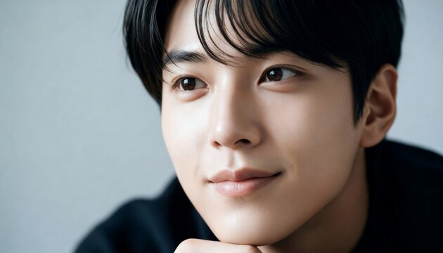 白背景で優しく微笑む若い男性のポートレート