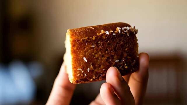 Close-up of a golden brown slice of homemade cake held by a hand, showcasing its moist texture and delicious appearance