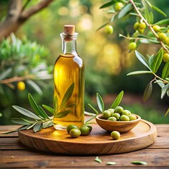 Bottle of golden olive oil with fresh olives on a wooden table