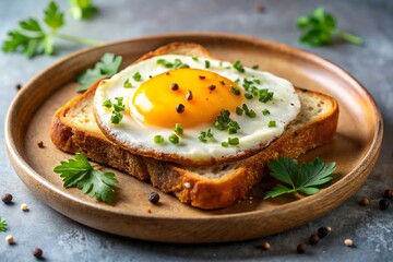 Delicious fried egg on toast with fresh parsley garnish