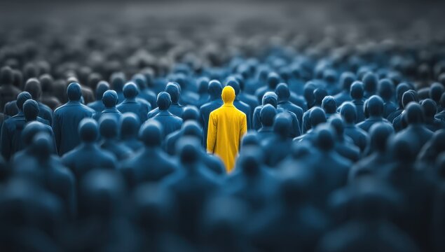 A single person stands out from a crowd of people, representing individuality, uniqueness, and standing apart from the masses, with a focus on difference.