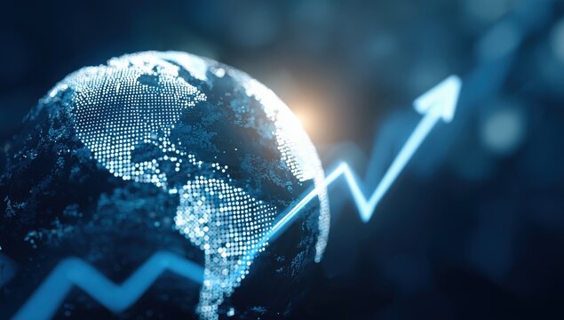 a stock market graph going upwards with an arrow pointing up and to the right, on top of it is glowing map outline of earth in blue color, background dark grey, background is blurred Generative AI
