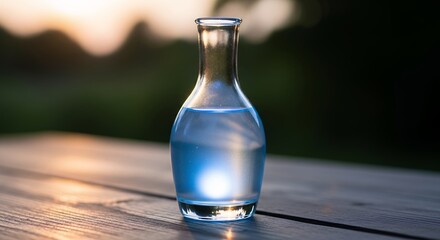 Clear Glass Carafe Filled with Water on a Wooden Table at Sunset.