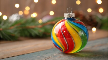Colorful swirling christmas ornament on a rustic wooden background