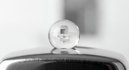 Clear Glass Sphere with Internal Design on Reflective Surface.