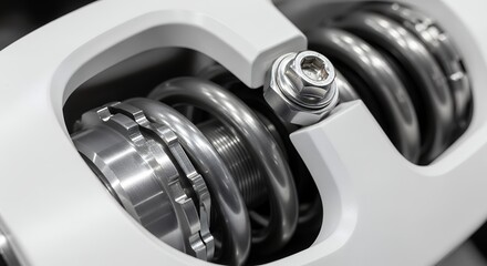 Close up of a modern industrial spring mechanism in black and white.