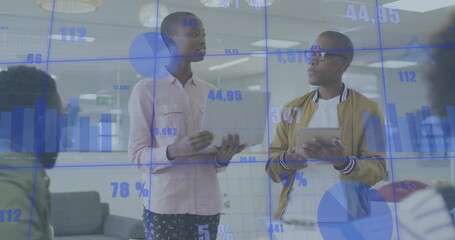 Two hosts presenting business data, left starting pitch sparking animated charts over team - Powered by Adobe