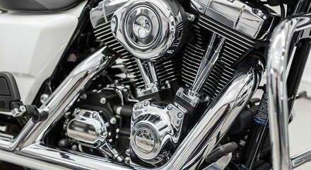 Close up of a motorcycle engine with chrome details and a bright finish