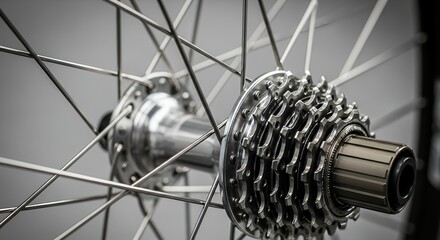 Close-up of a bicycle wheel with gears and spokes, highlighting the intricate mechanical details of the bikes drivetrain system.