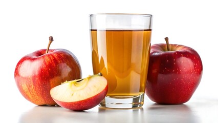 Fresh apple juice in a glass with whole and sliced apples isolated on white background