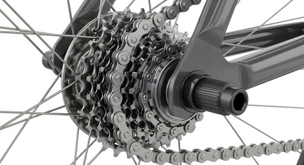 Close-up of a bicycles rear wheel and gear cassette, showcasing the intricate chain mechanism and spokes.