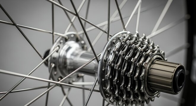 Close-up of a bicycle wheel with gears and spokes, highlighting the intricate mechanical details of the bikes drivetrain system.