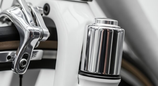 Close-up of a bicycles brake and suspension components, showcasing the intricate details of the chrome and white parts.
