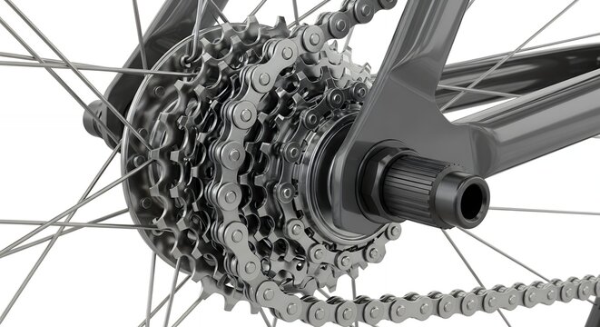 Close-up of a bicycles rear wheel and gear cassette, showcasing the intricate chain mechanism and spokes.