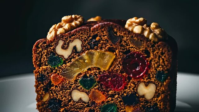 Close-up of a rich and festive fruitcake slice, packed with colorful candied fruits and walnuts, elegantly presented on a white plate with a dark, moody background.