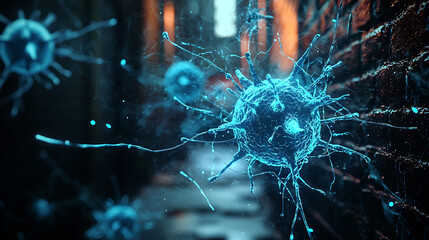 Swirling blue glowing coronavirus particles floating in dark alley, creating surreal and eerie atmosphere