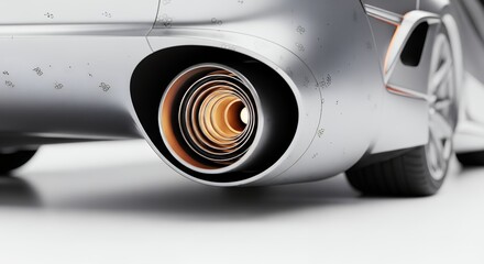 Close-up of a cars exhaust pipe, showcasing its intricate design and metallic finish, reflecting light beautifully.