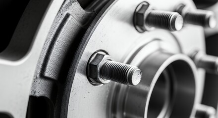 Close-up of a car wheel hub with lug bolts, ready for tire mounting.