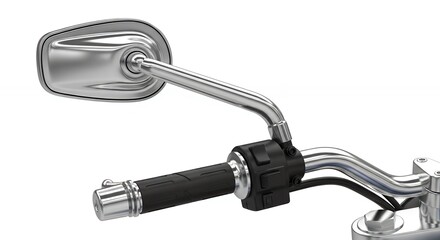 Close-up of a chrome motorcycle rearview mirror and handlebar against a white background.