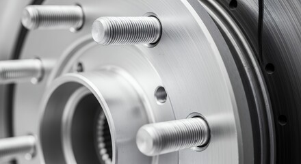 Close-up of a cars wheel hub and brake disc assembly, showcasing the intricate metal components and studs.