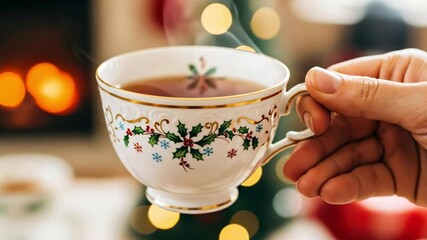 Close-up of a hand holding a festive Christmas teacup filled with hot tea, with a cozy fireplace and holiday lights in the blurry background, evoking warmth and winter comfort. - Powered by Adobe