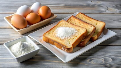 Ingredients for baking flour, eggs, and sliced bread
