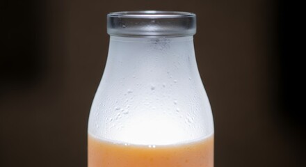 Close-up of a frosted glass bottle containing a refreshing orange beverage, highlighting its cool and inviting appearance.