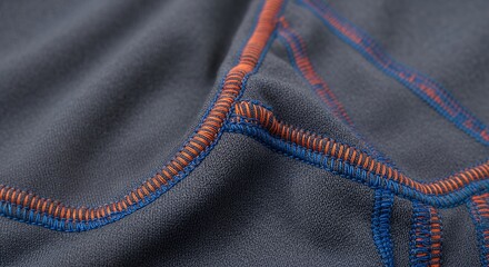 Close-up of a dark gray fabric with vibrant orange and blue stitching, creating a dynamic and textured pattern.