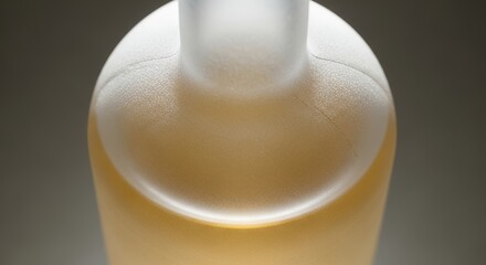 Close-up of a frosted glass bottle filled with a light amber liquid, showcasing its smooth texture and the subtle glow of the contents.