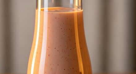 Close-up of a glass bottle filled with a creamy, reddish-brown liquid, possibly a smoothie or sauce, against a blurred background.