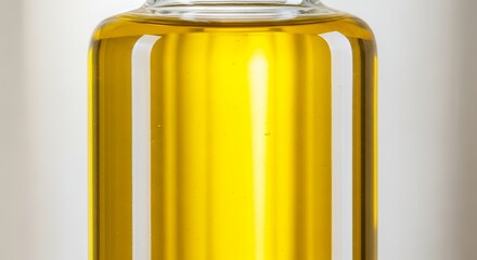 Close-up of a glass bottle filled with golden cooking oil, reflecting light beautifully, showcasing its rich texture and purity.