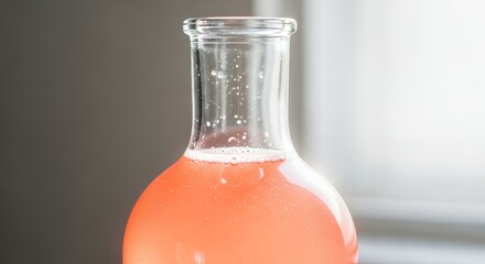 Close-up of a glass bottle filled with a refreshing pink beverage, showcasing its vibrant color and delicate bubbles.