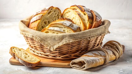 A woven basket filled with freshly baked artisan bread slices