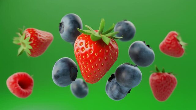 Vibrant strawberries and blueberries dancing in dynamic mid-air, a fresh burst of summer flavors for healthy smoothies and delicious desserts