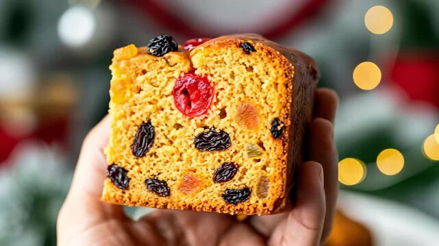 Delicious homemade fruitcake slice held in hand, rich with candied fruits and raisins, perfect for festive holiday celebrations