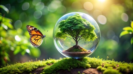 A vibrant butterfly approaches a glass sphere containing a lush tree