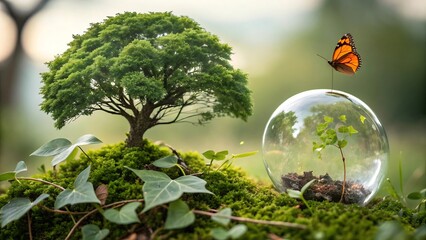 A vibrant butterfly approaches a glass sphere containing a lush tree