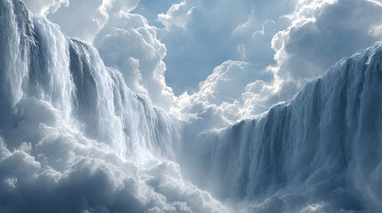 美しい空の雲の中にある滝の空想風景