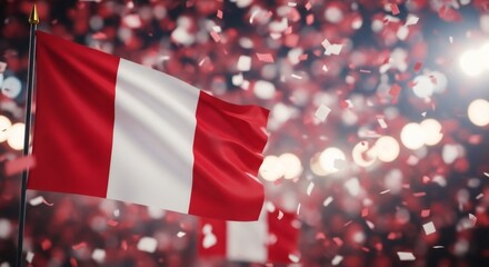 Peruvian flag waving with red confetti and lights. National holiday celebration, independence day, and patriotism concept for Peru.