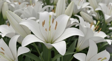 Fototapeta premium Close Up Of Many White Lily Flowers In Full Bloom With Green Stems And Yellow Pollen