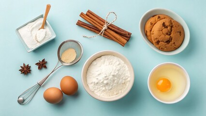 Baking ingredients arranged on a blue textured surface, overhead view