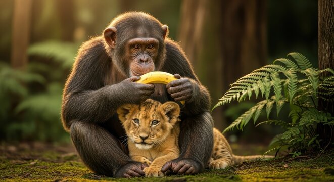 A chimpanzee gently cradling a lion cub while offering a banana in a verdant forest scenery - Powered by Adobe