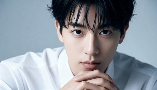 白いシャツで手を組み正面を見つめる男性